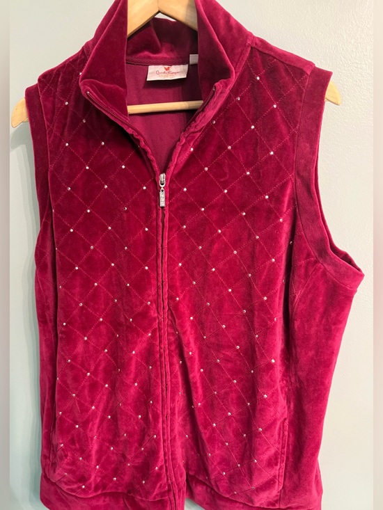 Quacker Factory Jackets & Blazers - Quaker Factory Velour Quilted Rhinestone Zip Front Vest Burgundy / Wine Red 1X